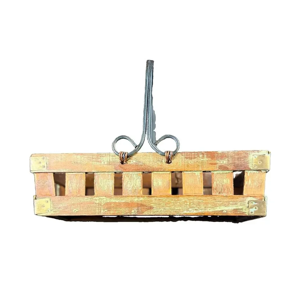 Rustic Wood Slat Basket Wrought Iron Handle Brass Corners Tabletop Decor